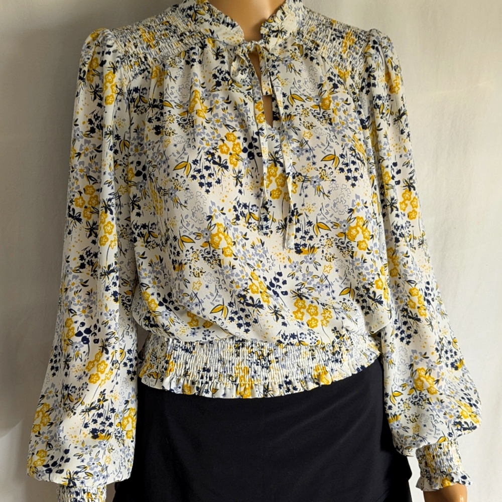 RACHEL By Rachel Roy Flowy Top Sz S White With Yellow Blue Floral Print